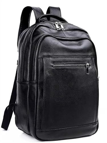 Sac à dos en cuir véritable pour homme - Sac de voyage pour ordinateur portable - Sac d'affaires ou de bureau, noir, 15.6 pouces, Tendance