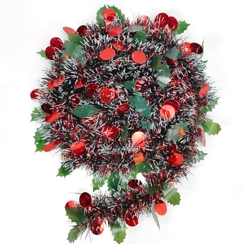 Weihnachts-Lametta mit gefrosteten Blättern und roten Beeren, glänzende, metallische Lametta-Girlande für Weihnachtsbaum, Decke, hängende Treppen, Dekoration, Urlaub, Partyzubehör, 10 m lang