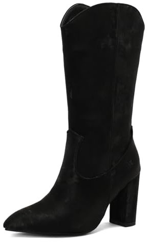 BAISOILIHA Donne Frangia Cowboy Knee Stivali Alti Stivali Cowgirl Appuntito Nappe Chunky Heel Side Zip Embroidery Stitched Stivali Western per donne Le signore Ragazze nero Numero 43