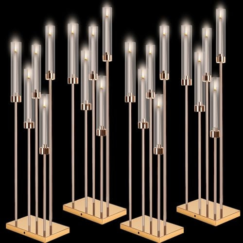 Lot de 4 grands bougeoirs transparents à 5 bras avec abat-jour en acrylique, bougies LED pour centre de table de mariage - 87 cm de haut (doré)