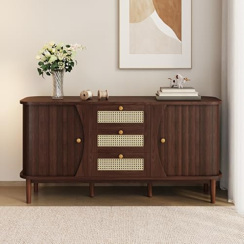 Buffet - Commode avec 2 portes coulissantes et 3 tiroirs en rotin - Style maison de campagne - Armoire d'appoint pour couloir, chambre à coucher, salon - 140,5 x 40 x 76 cm - Couleur noyer