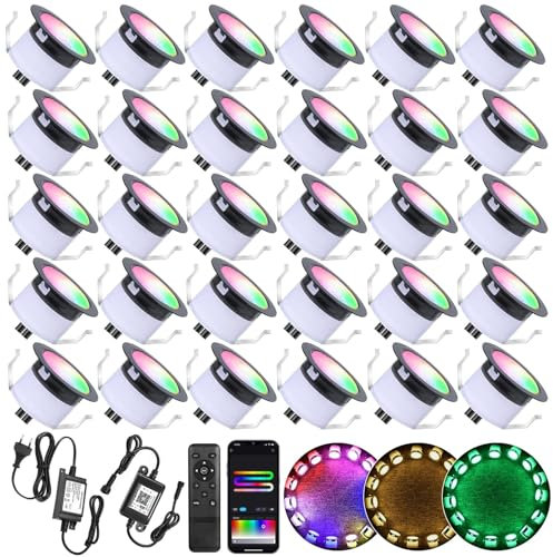 WIFI Bodeneinbaustrahler Aussen Led RGBW+IC, Ø31mm 12V Bodeneinbauleuchten Led Mini Spot Einbaustrahler Treppenbeleuchtung, IP67 Wasserdicht, APP Steuerbar, Kompatibel mit Alexa Google Home(30er)