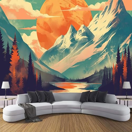 JEDTAKCT Rouleau De Papier Peint Paysage De Montagnes Moderne Et Minimaliste, Motif De Affiche Vintage En 3D Papier Peint Panoramique Pour Le Salon, Chambre À Coucher, Décorative Chambre