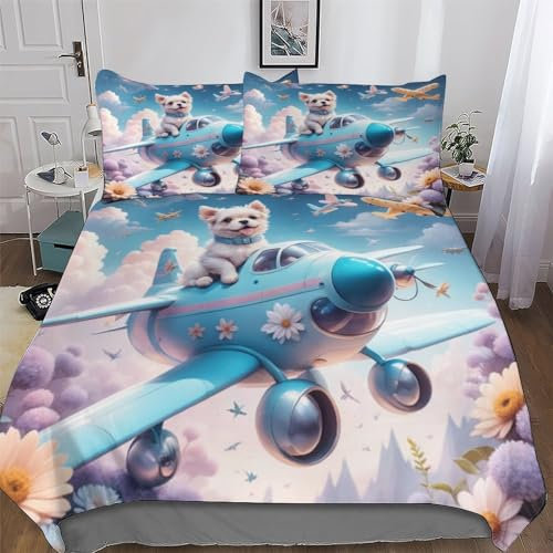 LTTTT Hund Flying Plane Bettwäsche Bettbezug Set 3 Teilig Deckenbezug + Kopfkissenbezug, Angenehme Microfaser Bettbezüge Für Jungen Mädchen Double (200x200cm)