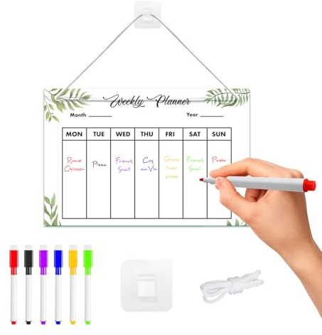 Wochenplaner Abwischbar，Acrylic Wochenplaner zum Aufhängen Wöchentlicher Planer zum Aufhängen, Komplett mit 6 Markerstiften, Transparent, 30 × 20 Cm,Geeignet für Büro, Abwischbar Mehrfach Beschreibbar
