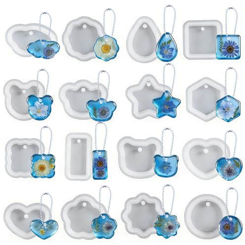 Epoxidharz Formen Anhänger Set, 16 Verschiedene Formen mit 20 Kugelketten | Hängende Gießformen Silikonformen Epoxidharz für Schlüsselanhänger, Anhänger, Schmuck, DIY Dekoration