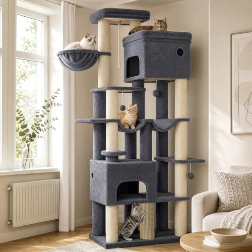 Hzuaneri 185 cm Large Cat Tree, XL Heavy Tall Cat Tower, Dark Grey | Multi-level Cats Climbing Tower with 2 Condos and 10 Sisal, 2 Hammocks, Suitable for Maine Coon, MS17918SG
