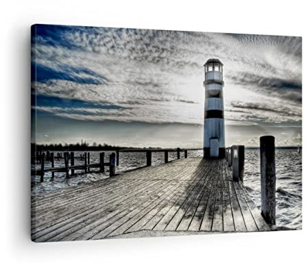 Bilder auf Leinwand See Leuchtturm Holzbrücke Wasser Leinwandbild 70x50cm Wandbilder Dekoration Wohnzimmer Schlafzimmer Deko Klein Wanddeko Bild Wand Kunstdruck Art Wall Decor Canvas AA70x50-0330