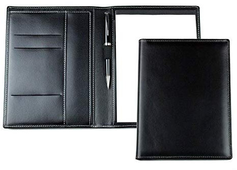 DELMON VARONE - Personalisierbare Schreibmappe DIN A5 aus Cambridge Top Grain Leder schwarz, Organizer Konferenzmappe mit Notizblock, Stiftschlaufe & Einsteckfächer, Elegante Business Orgamappe