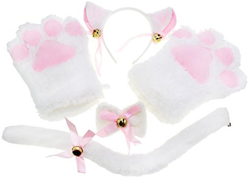 KEESIN Katze Cosplay Set, Katzenkostüm, Katzenpfoten-Handschuhe, Katzenohren, Katzenschwanz, Kinder, Damen für Karneval (Weiß)
