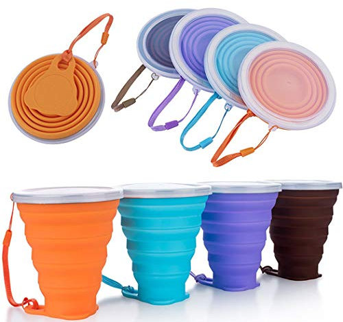Hillento 4 stücke faltbare kaffeetasse silikon faltende tasse/becher sportflasche mit deckeln, faltbar & tragbare & leichte reisetasse für outdoor-camping wandern