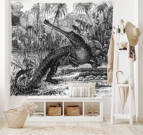 ABAKUHAUS Skizzenhaft Wandteppich und Tagesdecke, Altes Krokodil im Wald aus Weiches Mikrofaser Stoff Waschbar ohne Verblassen Digitaldruck, 230 x 140 cm, Anthrazit Grau