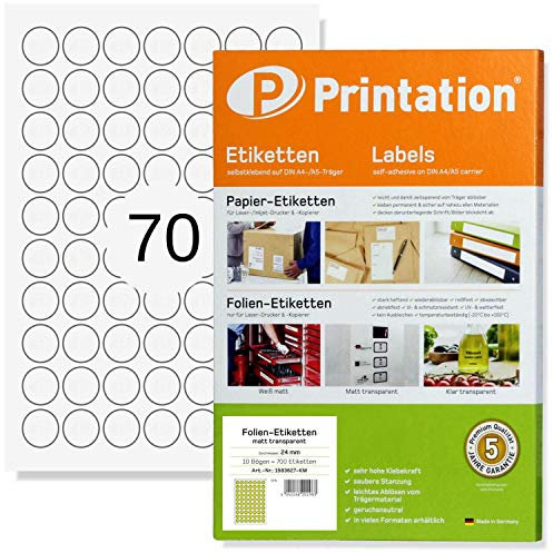 Printation Folien-Etiketten rund 24mm transparent matt - 700 Klebepunkte transparent selbstklebend bedruckbar - 10 DIN A4 Bogen/70 Sticker pro Blatt 7x10 - Runde Etiketten 24mm wasserfest Laserdrucker