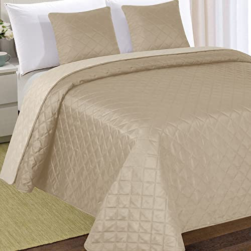 Tagesdecke Steppdecke Bettüberwurf Gesteppte Zweiseitig Tagesdecke mit 2 Kissenbezüge 40x40 cm- (Beige Cappuccino Ecru- 10, 180x220 cm)