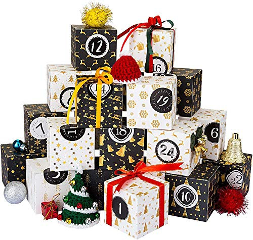 Kesote Adventskalender zum Befüllen Schachteln 24 Boxen Weihnachten Kisten 12 Tage Geschenkboxen Schwarz Weiß Karton mit Zahlenaufkleber zum Basteln und Aufstellen Weihnachten Deko