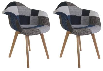 HOME DECO FACTORY 2er-Set Patchwork-Sessel Skandinavisch Holz Blau | Buchenholz und Polyester, 2er-Set skandinavische Patchwork-Sessel, Wohn- oder Esszimmer, Blau mehrfarbig