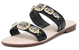 QUEEN HELENA Ciabatte Gioiello Basse con Strass Pietre Doppia Fascia Eleganti Casual Donna Y3029 Nero 38
