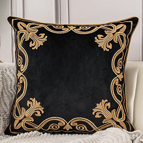 Aeckself Housse de coussin florale européenne décorative et raffinée, brodée en velours, pour canapé, chambre à coucher, salon, 40,5 x 40,5 cm, noir et doré