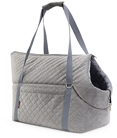 Transporttasche für Hunde und Katzen | Schultertasche für Haustiere mit Gummiband mit Karabiner | bis 15 kg | Material: Wildlederimitat - Velvet | Größe: L | Farbe: Grau