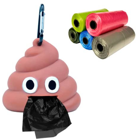 Dispensador bolsas caca perro y gato + Regalo de 5 rollos de bolsas de basura de colores resistentes para recoger excrementos, portabolsas para cacas de animales