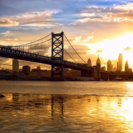 adrium AluVerbund-Bild 40 x 40 cm: Philadelphia Skyline und Ben Franklin Bridge bei Sonnenuntergang, USA(32375570)