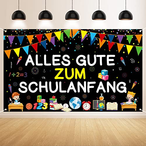 GRESATEK Schulanfang Banner Deko, Schwarz Alles Gute Zum Schulanfang Hintergrund Banner und Endlich Schulkind Extra Großes Einschulung Banner Photo Booth Dekoration für Drinnen und Draußen