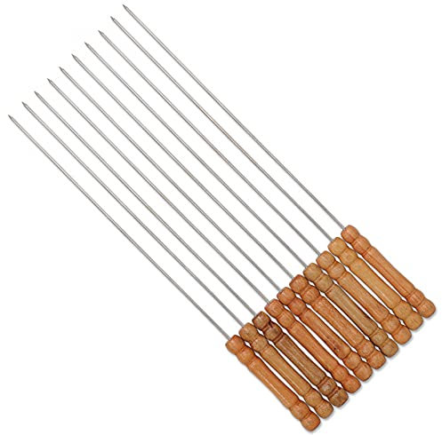HMTE Paquet de 10 brochettes de Barbecue en Acier Inoxydable Anti-brûlure Petit Manche en Bois Camping en Plein air Outil de Pique-Nique brochettes de Viande Fourchette de Barbecue