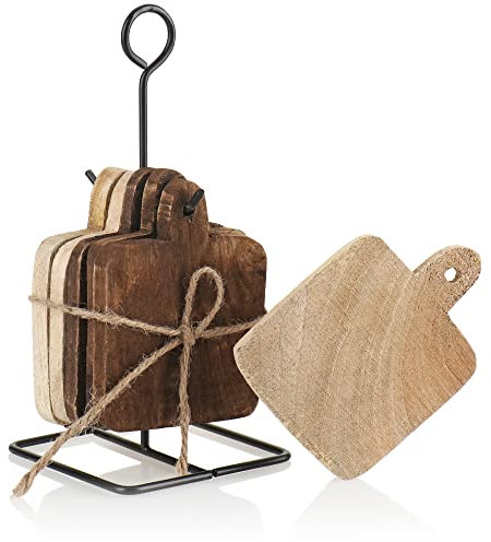 com-four® 6-teiliges Untersetzerset aus Echtholz mit Halter - Untersetzer für Tassen und Gläser - Tischschoner für Trinkgefäße mit Metallhalterung (6 Stück - Echtholz)