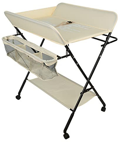 Table a Langer Pliante, Table à Langer Réglable en Hauteur avec Panier de Rangement, Ceinture de Sécurité et 4 Roues avec Frein (Beige)