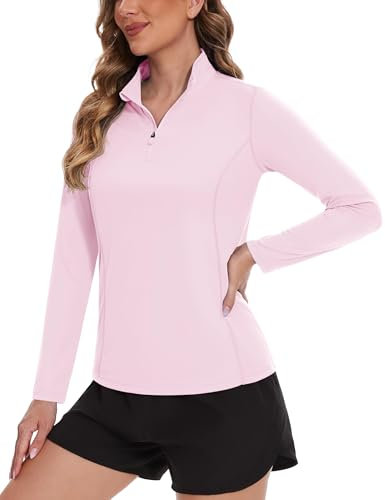 TACVASEN Damen UPF 50+ Rash Guard Langarm Atmungsaktiv Langarmshirts Leicht Sweatshirt mit 1/4 Reißverschluss (S, Rosa)