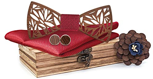 Mr.Van Holzfliege Set Fliege Herren Holzfliege, Holzmanschettenknöpfe, Holzbrosche, Einstecktuch für Hochzeiten, Aufführungen, Abschlussball, Partei und sogar tägliche Gebrauch