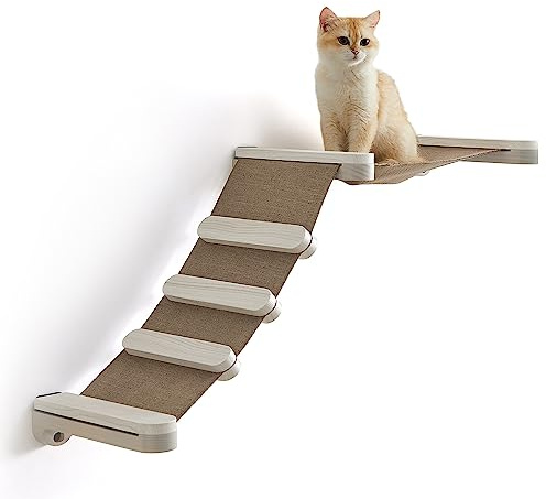 Feandrea Clickat Katzenkletterhängematte, wandmontiertes Katzenbett mit Treppe, Katzenwandstange, austauschbarer waschbarer Stoff, einfacher Auf- und Abbau, Haferflockenbraun und Kaffeebraun