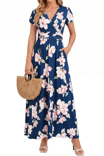 OUGES Maternity Dress Maxi Summer Short Sleeve Wrap V Neck Pregnancy Dresses for Photoshoot