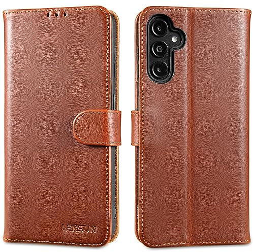 LENSUN Echtleder Hülle für Samsung Galaxy A14, Handyhülle [Echtes Leder][Kartenfach][RFID Schutz][Klappbar] Handytasche Lederhülle für Samsung Galaxy A14 4G/5G - Dunkelbraun
