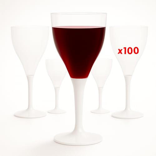 Table'Colors Lot de 100 Verres A Pied Plastique Lavable et Reutilisable - Pack de 100, Emboitage Parfait, Grande Stabilité, Idéal Mariage, Anniversaire, Réceptions - Contenance 16cl (Blanc)