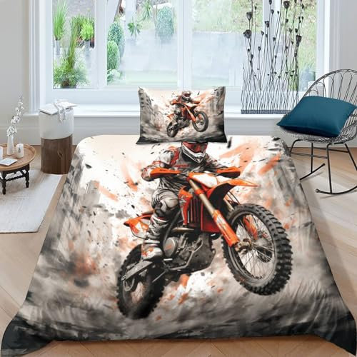 LAHTI Motocross 3D Bettbezug Set Mit Reißverschluss Und Kissenbezug Mikrofaser Bettwäsche Set Motorrad Bettbezüge 2 Teilig Für Kinder Erwachsene Single(135x200cm)