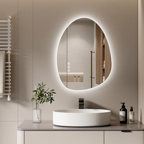 S'AFIELINA Miroir LED de Salle de Bain 60 x 45 cm, Design Asymétrique, Interrupteur Tactile, Miroir de Salle de Bain avec éclairage, 3 Couleurs de Lumière, Luminosité Réglables, Fonction Anti-Buée