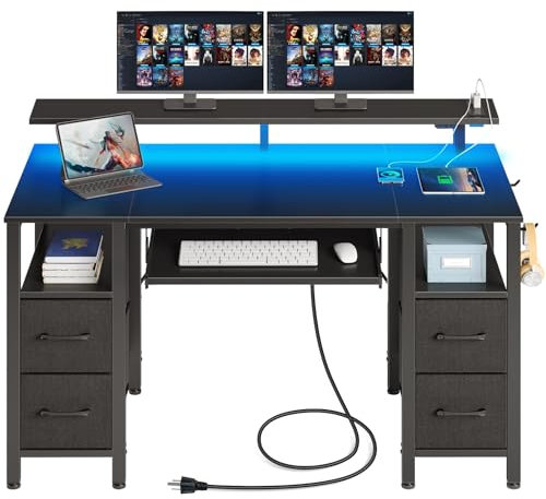 Seventable Scrivania con Cassetti LED, Postazione Gaming con 2 Prese di Corrente e 2 Porte di Ricarica USB, Scrivania Gaming con Supporto per Monitor & Vassoio per Tastiera per Ufficio(Nero 120cm)