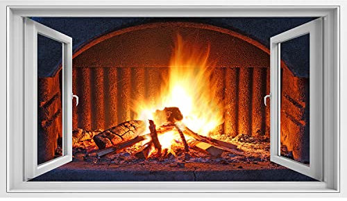 islandburner Quadro su Tela Vista Finestra Camino con Fuoco di Notte Foto all'aperto Poster