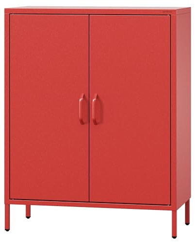 Jan Nowak Sideboard aus Metall, Kommode Glitzernd mit Doppeltür - VITO | Magnetverschluss, Verstellbare Einlegeböden | Highboard Wohnzimmer, Flur, Industriedesign | 80 x 101,5 x 40 cm | Rot