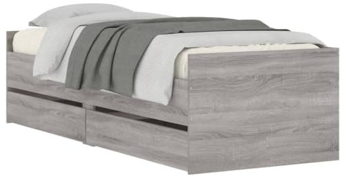 vidaXL Cadre de Lit avec Tiroirs, Lit Simple avec Sommier à Lattes, Lit Adulte de Chambre, Moderne, Sonoma Gris 90x190 cm Bois d'Ingénierie