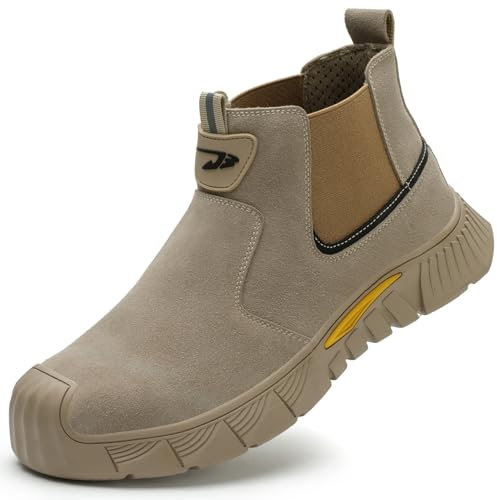Dajingkj Scarpe antinfortunistiche da uomo per saldatore, leggere, con doppia custodia, anti-scottatura, resistenti agli urti e ai punti, antiscivolo, con punta in acciaio, Stivali Chelsea cachi, 40.5