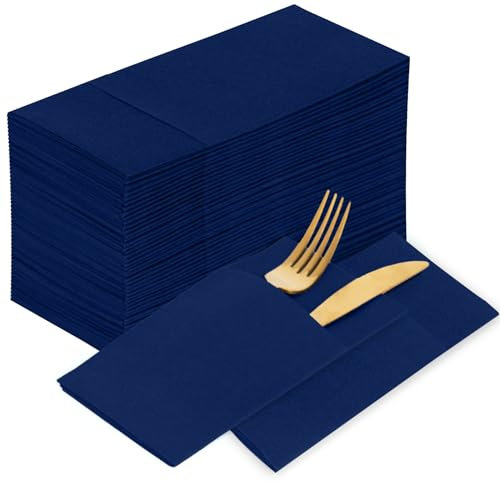 KAMMAK Blue Napkins Disposable 100 Pack Cloth like Paper Dinner Napkins Folded with Pocket Navy Blue Napkins Hand Towel for Party Decoration, Wedding Reception, Bathroon and Kitchen (16.5 x 16.5 inch)