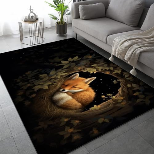 DILANI Teppich Wohnzimmer Schlafzimmer 3D Fuchs Teppich Kinderzimmer Kurzflor Teppiche rutschfeste Spielteppiche Waldtiere Kinder Teenager Kurzflor Flanell Teppiche 80x120 cm