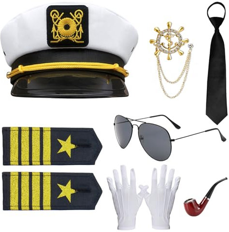 Winric Kapitän Matrose Kostüm Zubehör Set, 7 Stück Herren Ideal Kapitänsmütze Kostüm, Mütze Schal Sonnenbrille Kapitän Matrose Verkleidung Party Kostüm für Männer Frauen