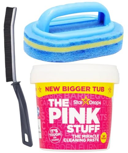 Pink Stuff miracle cleaning paste 850g, paired with hand held cleaning sponge brush and hard bristle crevice brush for those hard to reach places and corners in home, bathroom grout and kitchen