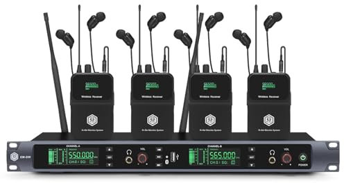 EM200 UHF Wireless in Ear Monitor System 2 Channel 4 Bodypacks Monitoring with in Earphone Used for Stage, Band, Recording Studio, Live Performance