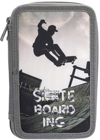 Idena 20123 - Federmappe Triple mit 3 Reißverschluss-Fächern, Design Skateboard, gefülltes Federmäppchen mit 47 Teilen