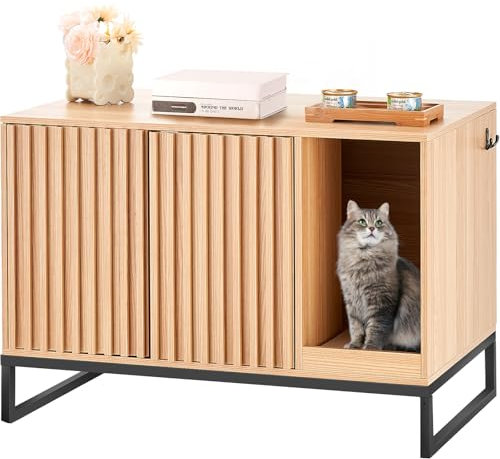 VEVOR Cat Litter Box Enclosure, Hidden Litter Box Furniture, Wooden Cat Washroom Indoor with 2 Doors & Study Metal Legs, Cat House Cabinet Hidden Fit Most of Litter Box, 31.5L x 20W x 22H, Natural