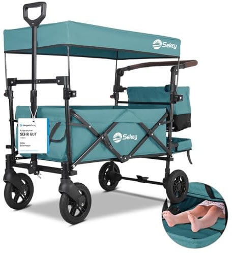 Sekey Faltbarer Bollerwagen mit Dach 2 Kinder, Bollerwagen Faltbar Kinder 100KG Tragkraft mit stoßfesten PU-Rädern, Handwagen mit Schiebegriff, Upgrade-Version TP5050, Dunkelgrün